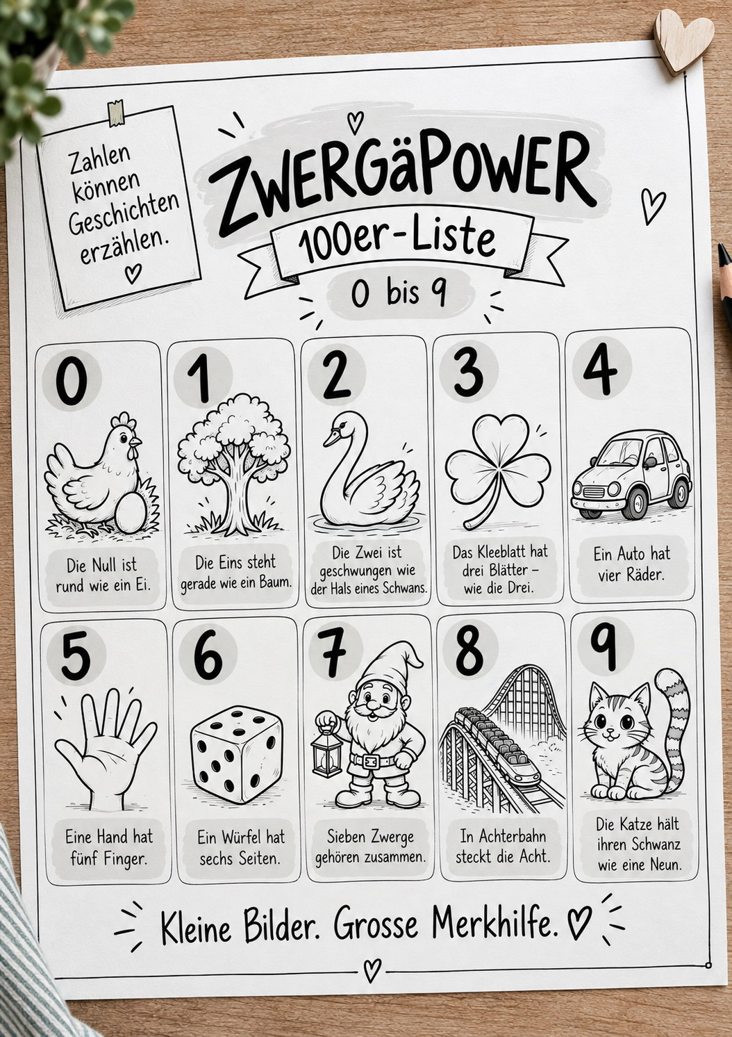 Vorschau der ZwergäPOWER 100er-Liste mit den Zahlen 0 bis 9